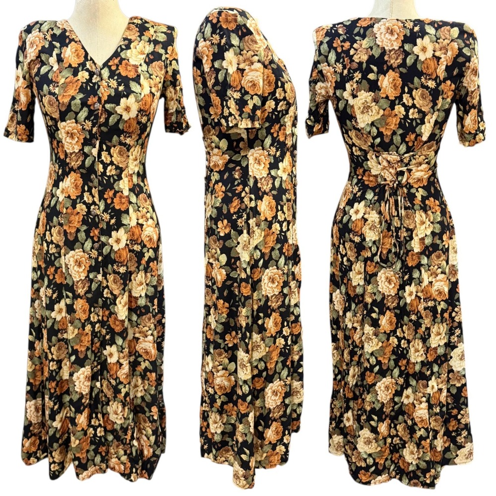 VTG All That Jazz 6 XS Floral Button Front Corset Maxi Dress Fall Leaves Prairie